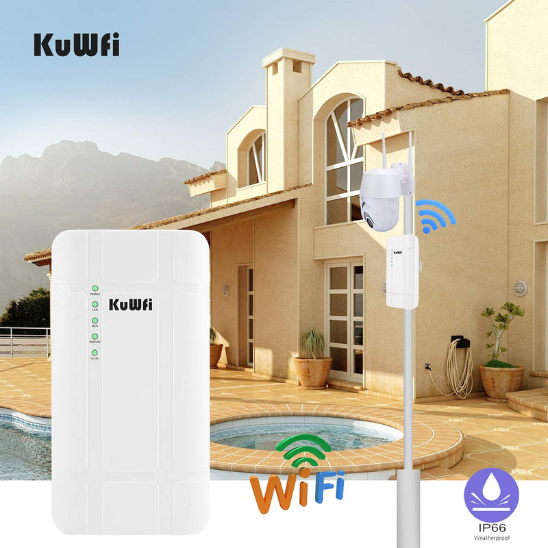KuWFi 300Mbps Outdoor 4G LTE CPE WiFi Router with Sim Card Slot CAT4 SIM Routers with POE Adapter Work with IPcamera or Outside WiFi Coverage (US Version B2/B4/B5/B12/B13/B14/B66/B71) QC300K