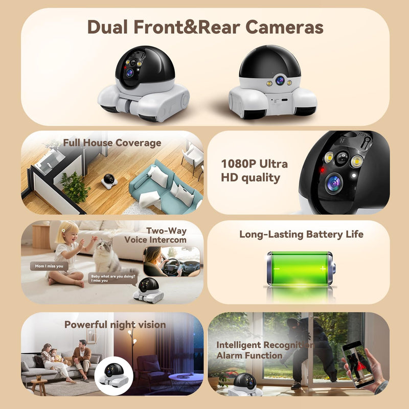 DreamBee Security Indoor Camera 1080P Dual Lens,Robot Camera on Wheels Movable with 2-Way Talk,Distance Bot with Night Vision,Blinky Bot App Control for Home Security/Cats/Dogs/Baby/Elderly