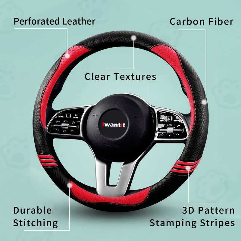 Iwantit® Premium Grip Steering Wheel Cover with Anti-Slip Rubber Ring, Made of Carbon Fiber & Breathable PU Leather, Universal Fit for 14.5-15 Inch Car and SUV (Passion Red) 003-Passion Red