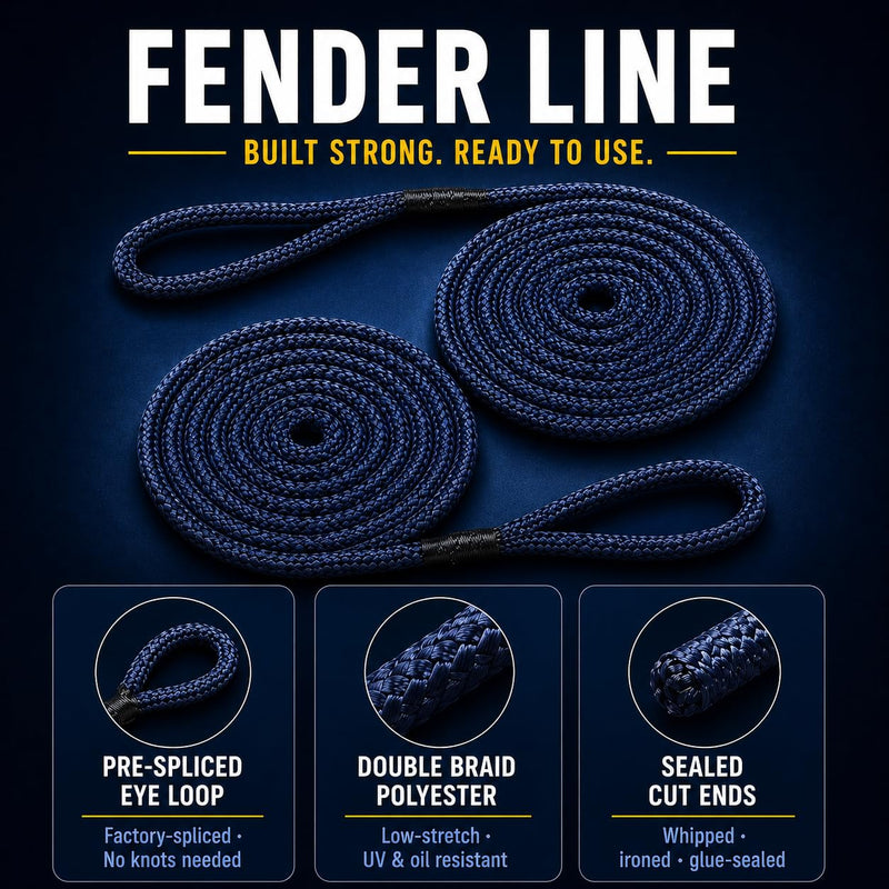 5/16" X 5FT (8mm x 1.5M) Fender Line Navy Blue 2 Pack Premium Double Braid, Mooring Dock Marine-Grade Dock Lines for Boats, Pre-Spliced with Eye Fender Lines 5/16" X 5FT - Navy
