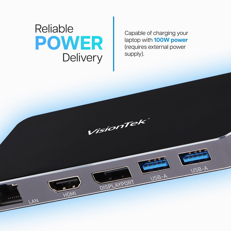 VisionTek VT350 Portable USB-C Dual Monitor Hub - 1x DP, 1x HDMI, 2X USB-A, 1x Ethernet, 1x USB-C for Windows/MacOS/ChromeOS/iOS | Dual Display via HDMI/DP, 100W PD USB-C hub, Plug & Play, Windows MST, Mac SST Support, Travel Dock, Charger not included