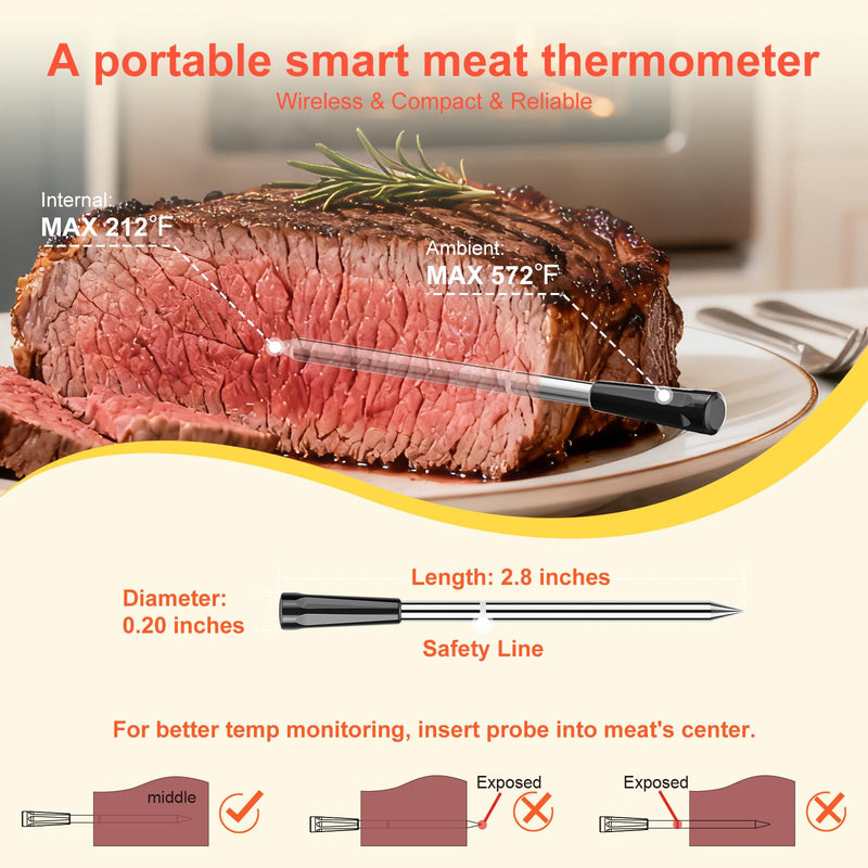 Smart Wireless Digital Meat Thermometer with Ceramic Probe, Food Thermometer Standalone Display Base 3000FT Range Real-time Monitoring ±0.5°F Accuracy,for BBQ/Oven/Grill/Smoker/Air Fryer 1 Probe