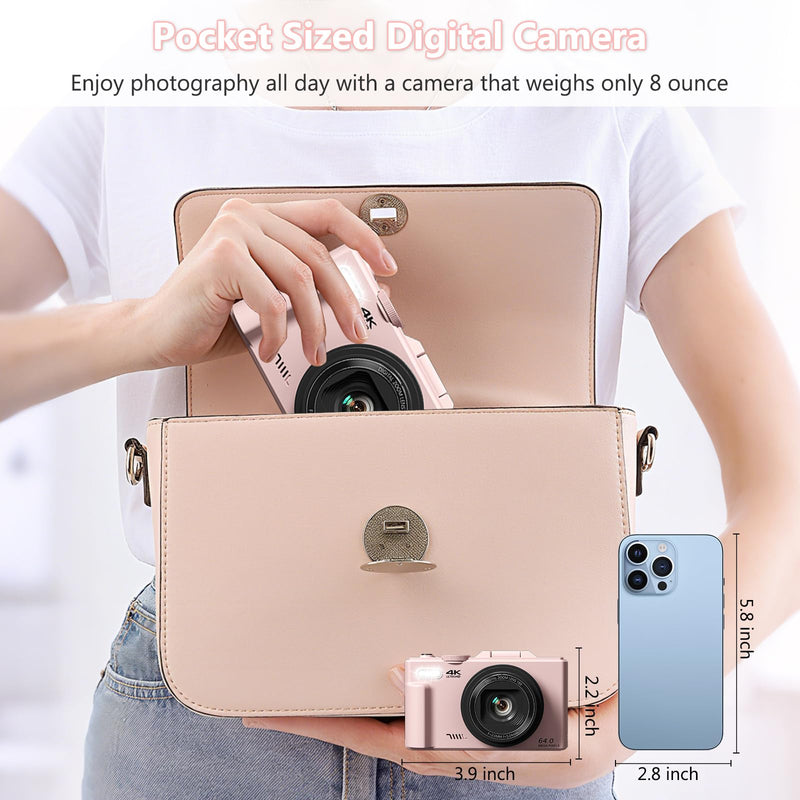4K Digital Camera with 180° Flip Screen, 64MP Compact Vlogging Camera, Pink | Point And Shoot Camera with WiFi, 32GB SD Card, Easy To Use Digital Camera Kit for Travel and Beginners