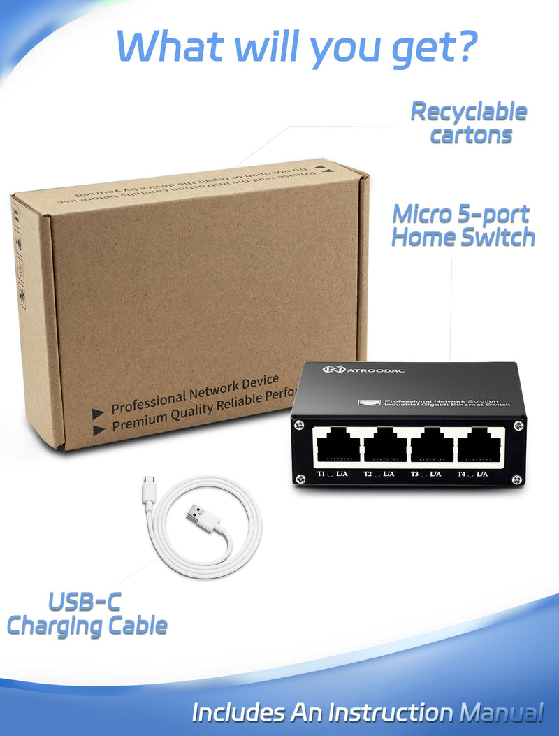 Mini Ethernet Switch 5 Ports Gigabit Switch 10/100/1000 Mbps Unmanaged Network Switch Plug & Play Office Ethernet Splitter Fanless Quiet Metal Design Network Hub Desktop Design 5-Ports(non poe),Household