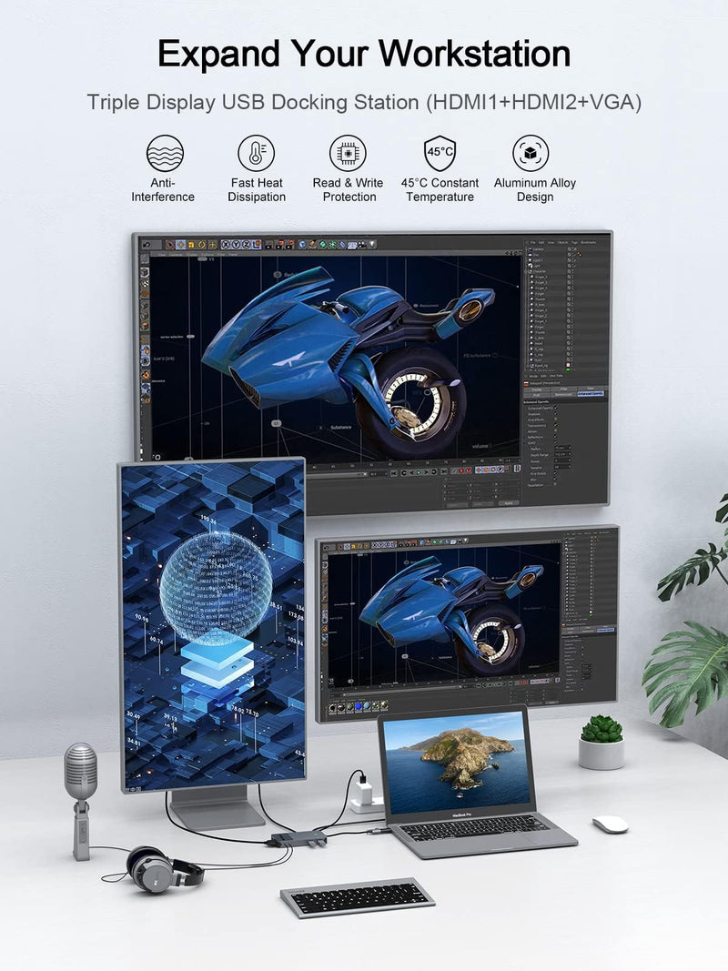QGeeM USB 3.0 Laptop Docking Station, Triple Display USB Hub Hdmi Splitter Extender Dual Monitor,USB Dock with 2 HDMI, VGA, USB 3.0, Card Reder Compatible for MacBook M1 M2 M3 M4 Dell HP Lenovo Mac OS Classic Grey