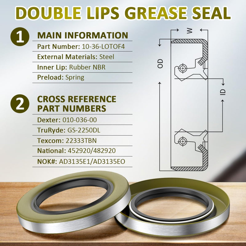 4 Pack 010-036-00 Double Lip Grease Seal for Dexter Texcom RV Trailer Replaces 01003600 10-36 22333TB ID 2.250" x OD 3.376" Trailer Hub Wheel Grease Seal 5200-7000lb Trailer Axles D42