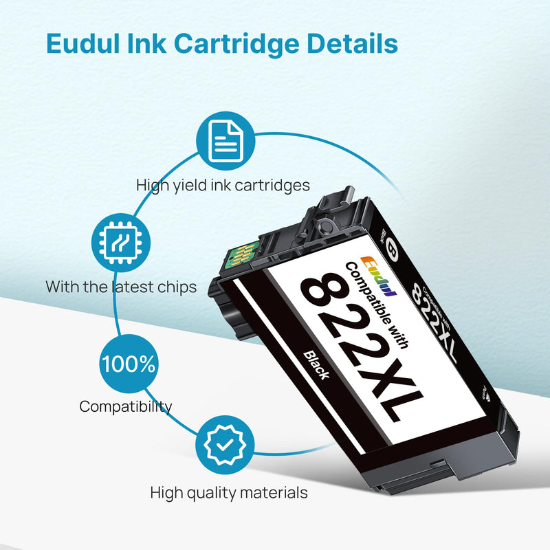 Remanufactured Replacement for Epson 822XL Ink Cartridges | for Epson 822 Ink Cartridges Combo Pack Work for Workforce Pro WF-3820 WF-4820 WF-4830 (5 Pack, 2Black Cyan Magenta Yellow)