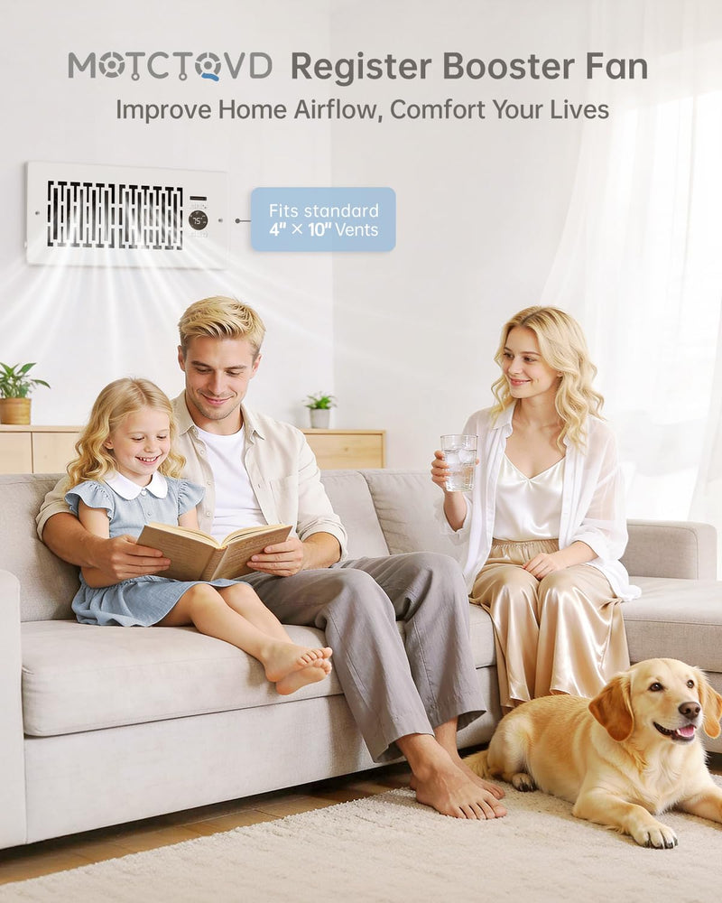 Smart Register Booster Fan Fits 4" x 10" Register Holes, 10-Speed Quiet Vent Fan Booster, Smart Thermostat Control for Improves Heating and Cooling with Remote for Floor or Wall Vents 4" x 10" Coconut White