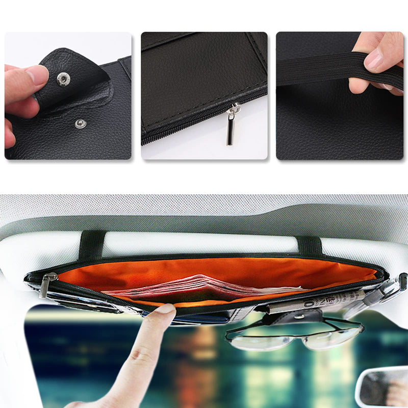 2 Packs Car Sun Visor Pocket Organizer for Car Truck, Car Visor Storage Pouch with Big Zipper Pocket, Card Sleeve Pocket Organizer, Drving License, Insurance, Sunglasses, Pen, Key, Phone, Lipstick 2PCS, Black