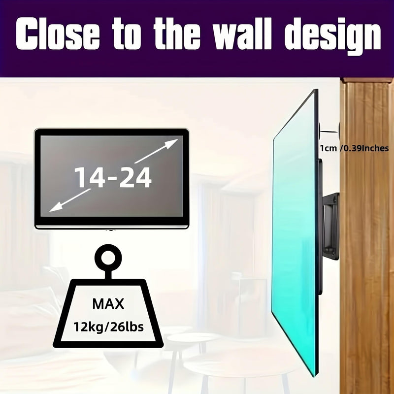 TV Wall Mount, Monitor Mount for 14-24 Inch Screens, Universal VESA 75x75 & 100x100mm, Max Load 26lbs, Low Profile RV TV Bracket for Camper and Home, Easy Install, Black