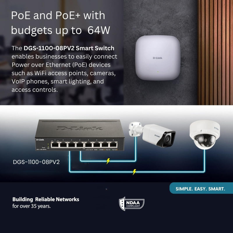 D-Link 8-Port Gigabit Smart Managed PoE+ Switch —8 PoE+ Ports (64W)—L2—VLANs—Cable Diagnostics —Web Managed —Desktop —Fanless—NDAA Compliant —Lifetime Protection (DGS-1100-08PV2)