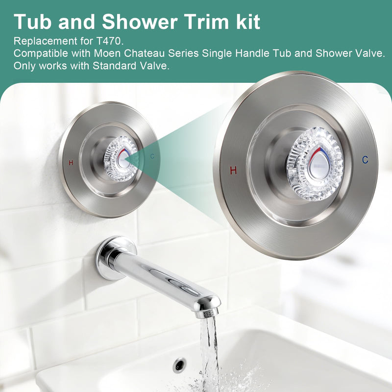 T470 Shower Trim Kit, Compatible with Moen Chateau Shower Trim Kit, Single-Handle Tub/Shower Valve Trim, Includes Escutcheon, Tubes, Screws and Shower Handle (Brushed Nickel) Brushed Nickel
