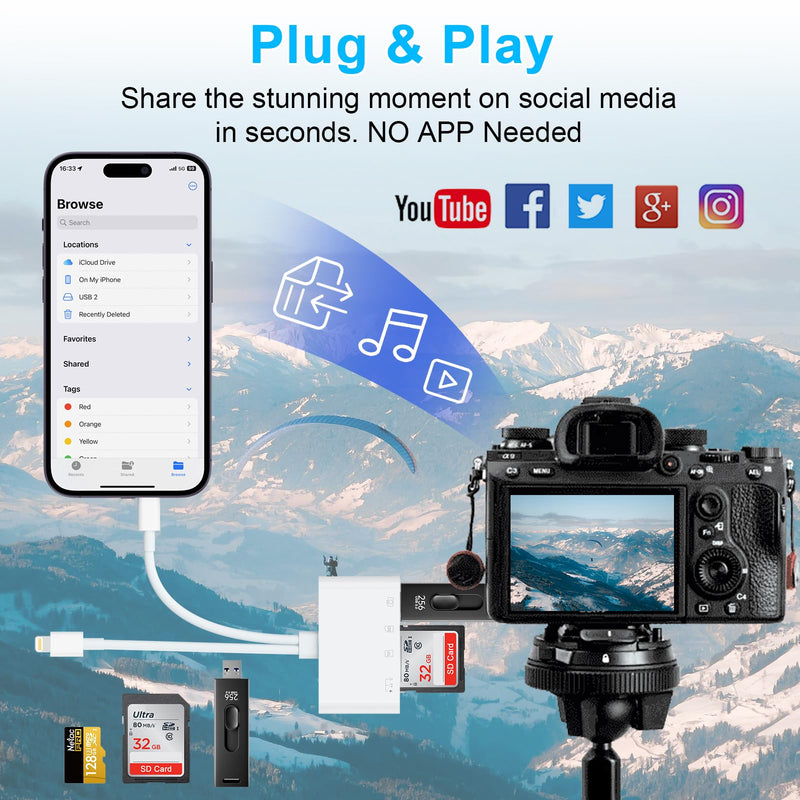 USB C Lightning SD TF Card Reader, 4-in-2 Memory Card Reader for iPhone 15/iPad/Mac/Laptop, Dual Connector Digital Camera Card adapter with SD+TF+USB OTG+USB C Charging for Photography, Plug and Play CL-CR-104pro