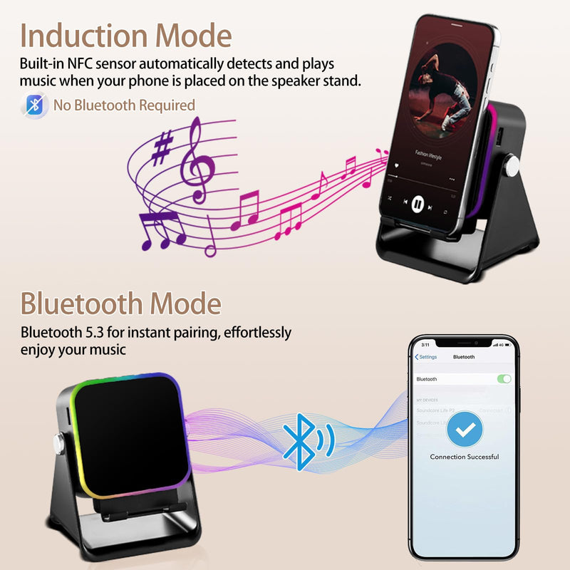 Wireless Induction Speaker 5-in-1 Bluetooth Speaker with Phone Holder, Surround Sound, 3500mAh, 8 RGB Ambient Lights, 360° Adjustable Stand, Holder for iPhone/Android/iPad Gifts for Men Women (Black) Black