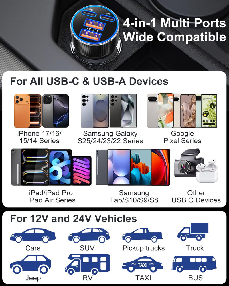 USB C Car Charger, 3 Pack 90W 4-Port Dual 45W Super Fast Car Phone Charger PD/QC 3.0 Fast Charging 12V Cigarette Lighter Adapter Plug for iPhone 17 16e 15 14 Pro Max, Galaxy S26 S25, Android Black