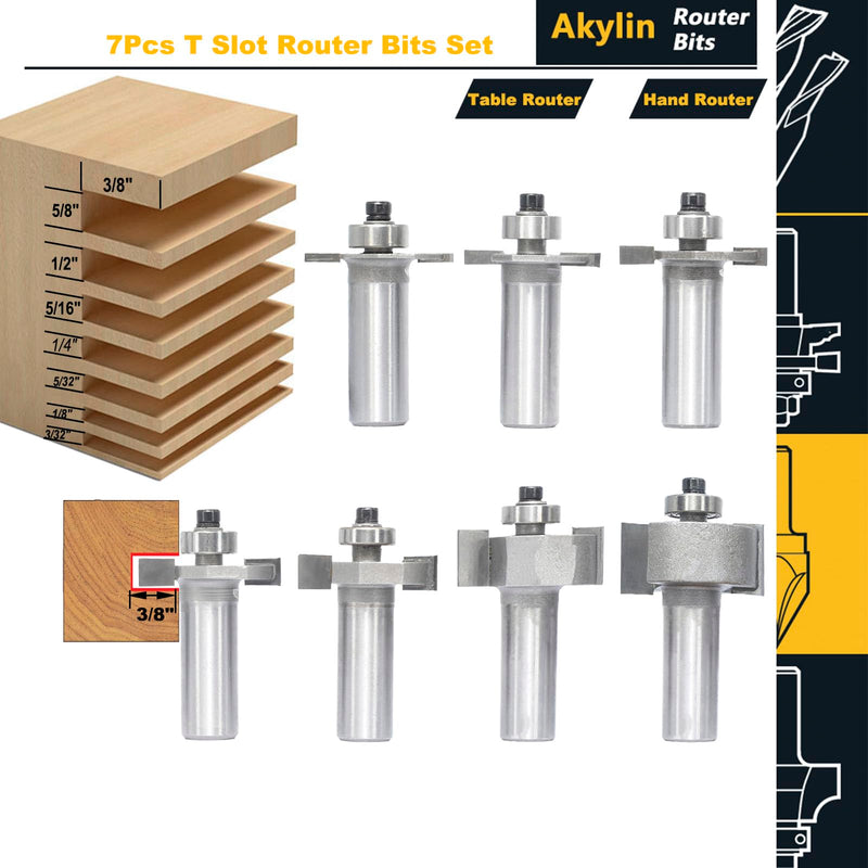 7Pcs T Slot Router Bit Set,1/2" Shank,3/32",1/8",5/32",1/4",5/16",1/2", and 5/8" Cutting Height T Trark Bit with Bearing,T-Slotting Cutter for Wood Slotting,Grooving 1/2"x 7Pcs
