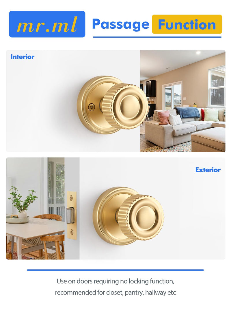 Brushed Gold Passage Door knob, Interior Door Handle Gold Doorknob | Hall Closet Hallyway Kitchen Pantry Laundry Room, Aluminium Alloy Knob, 1 Pack Brushed Gold