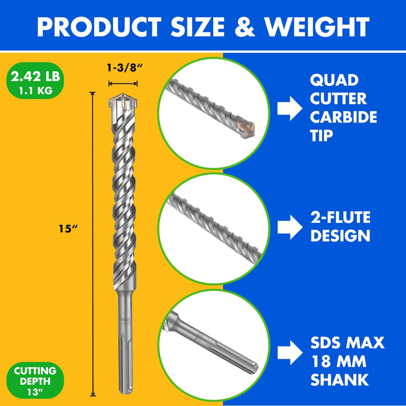 SOMADA 1-3/8-Inch x 15-Inch SDS MAX Long Drill SDS-MAX Rotary Hammer Drill Bit 4-Cutter Carbide Tip for Concrete, Brick, Stone and Masonry Drilling 1-3/8"x15"