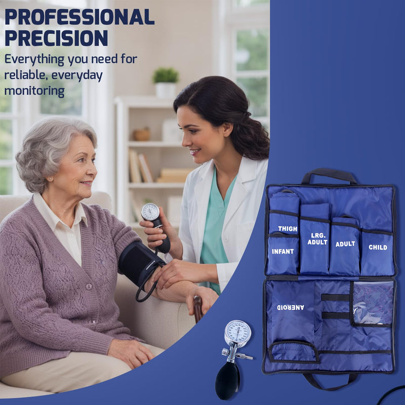 Dixie EMS Aneroid Sphygmomanometer Kit, Manual Blood Pressure Monitor Set with 5 Cuffs for Infant, Child, Adult, Large Adult, Thigh, & Carrying Case – Blue Navy Blue