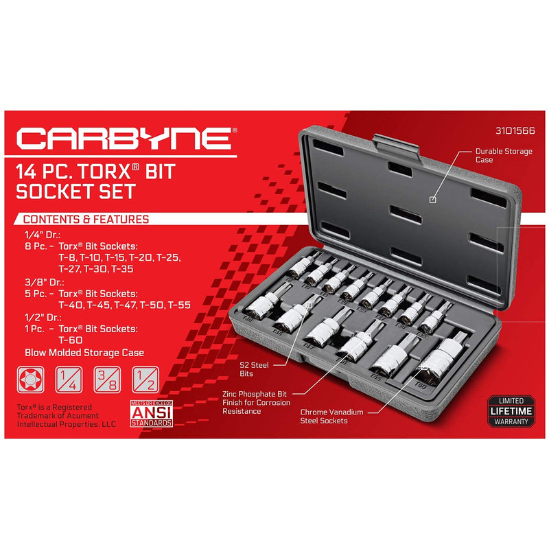 CARBYNE 14-Piece Torx Bit Socket Set, T8 to T60 Sizes, S2 Steel Bits, Cr-V Sockets, Durable Case | 1/4, 3/8, & 1/2 in. Drive • From a Family-Run Tool Company Based in the U.S.A.