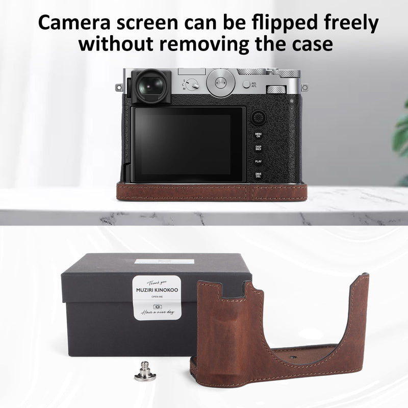 MUZIRI KINOKOO Fuji GFX100 RF Case, Genuine Leather Protective Half Case Compatible for Fuji GFX100 RF/GFX100RF Digital Camera - with Opening Bottom and Hand Grip Design - Brown