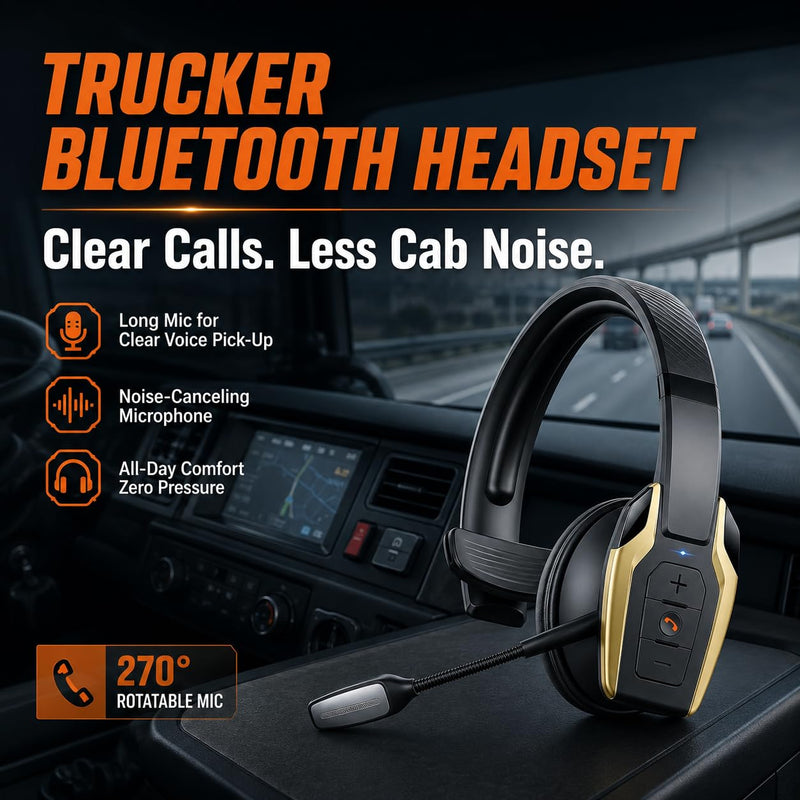 Trucker Bluetooth Headset, Bluetooth 6.0 Wireless Headset with ENC Noise Cancelling Mic, 58H Play Time, Hands-Free Headset for Truck Drivers, Office Calls & Driving-Gold Gold