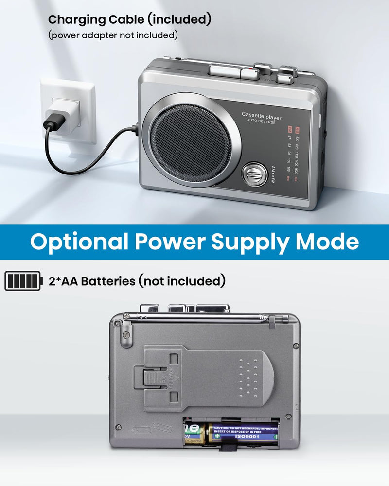 Portable Cassette Player Tape Recorder, Retro AM/FM Radio with Built-in Speaker & Mic, Earphone Jack | Lightweight Tape recording Multiple functions