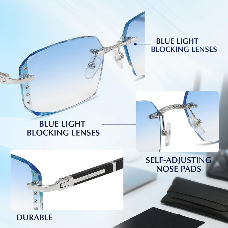 Clarity Blue Glasses, Self Adjusting Eyeglasses for Men, Blue Light Protection, Premium Lens Clarity, Blue Ease Optics, 3-Piece Set with Leather Case and Cleaning Cloth