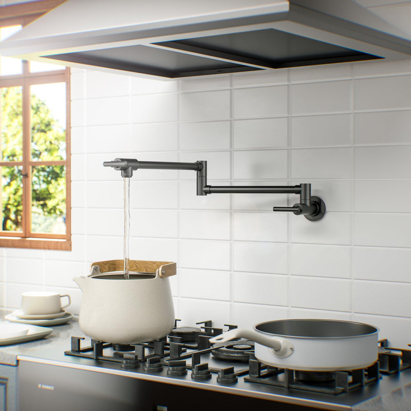 WOWOW Pot Filler Faucet Matte Black, Brass Pot Filler Wall Mount Kitchen Stove Faucet with Double Joint Swing Arms Solid Brass Material