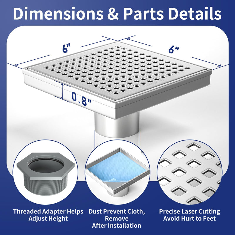 Square Shower Drain 6", 304 Stainless Steel Floor Drain w/Hair Strainer, Grid Shower Drain w/CUPC Certified, Brushed 6 Inch