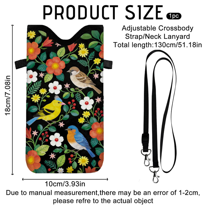GLOBLELAND Flowers and Birds Cell Phone Sleeve Pouch Case Bag with Crossbody Strap Neck Lanyard for Women Men Flowers Birds