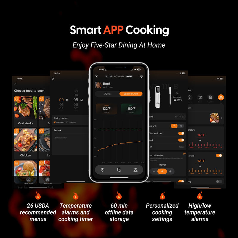 INKBIRD Mini Wireless Meat Thermometer, Bluetooth 5.4,1000ft/305m Ultra Long Connection, 60 Min Offline Data Storage, IP67 Waterproof, White LED Display, Ideal for BBQ, Grill, and Smoker 11I-B
