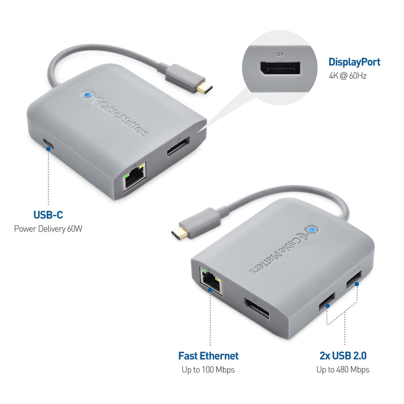 Cable Matters USB C Hub DisplayPort, 4K@60Hz (USBC DisplayPort Hub), 100Mbps Ethernet, 2X USB, 60W Host Charging in Gray - Thunderbolt 4 / Thunderbolt 3 Port Compatible for MacBook Pro