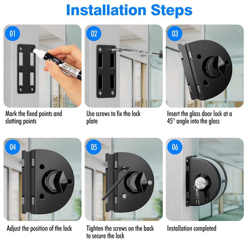 Ranbo Frameless Double-Sided Sliding/Pull Push Glass Door Lock, No-Drill, 304 Stainless Steel, for 3/8"-1/2''(10mm-12mm) Glass, Office, Commercial, Store, Entrance Doors, 3 Keys, Brushed Black LE-160 Brushed Black