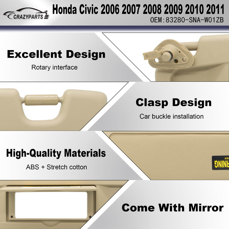 Left Driver Side Sun Visor Replacement Compatible with Honda Civic 2006 2007 2008 2009 2010 2011 Replaces# 83280-SNA-W01ZB Color Beige Beige(Left Driver)