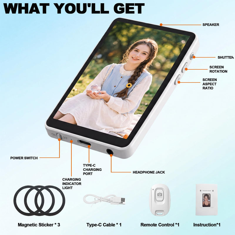 Selfie Monitor Screen iPhone,Magnetic Back Camera Monitor with Touch Screen | Wireless Magnetic Selfie Screen for Selfie,Vlog,Live Stream,180° Rotation,P2P Connect,Compatible with iPhone & Android