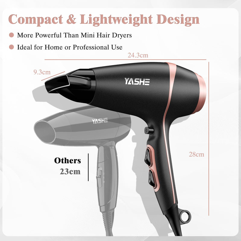 YASHE Professional Hair Dryer, 2 Speeds & 3 Heat Settings, Cool Shot, 2000W Blow Dryer with Precision Concentrator Nozzle, 1.8m Cord & Hanging Hook, Matte Black & Rose Gold