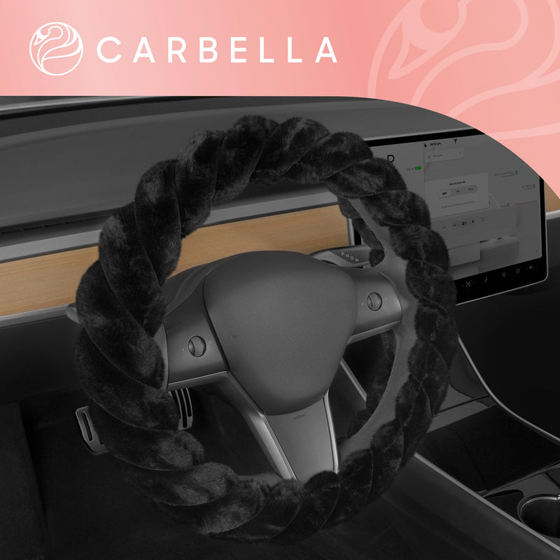 Carbella Twisted Fur Black Soft Steering Wheel Cover, Standard 15 Inch Size Fits Most Vehicles, Fuzzy Fluffy Car Steering Cover with Soft Faux Fur Touch, Car Accessories for Women 1-Twisted Fur Black