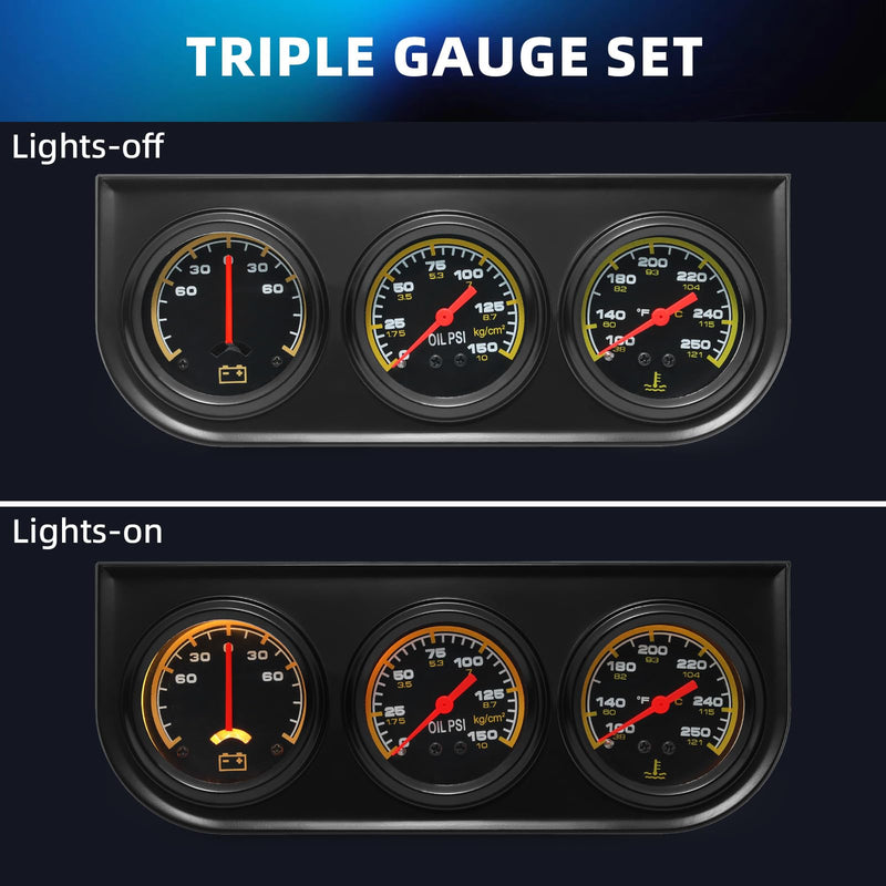 MH 2inch 52mm Triple Gauge Set, Oil Pressure Gauge(0-150PSI) Water Temperature (100°F-280°F) Ammeter (-60 to 60AMP) Car Auto 3 Gauge Cluster Set Kit