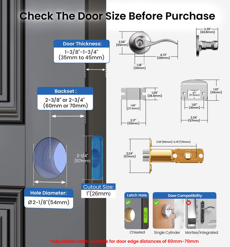 Veise Keyed Entry Door Lever, Wave Handle Lock for Exterior & Interior Door, Door Knobs with Lock and Key, Rust-Proof Bedroom Door Lock, Zinc Alloy Right Left Handed, Satin Nickel 1