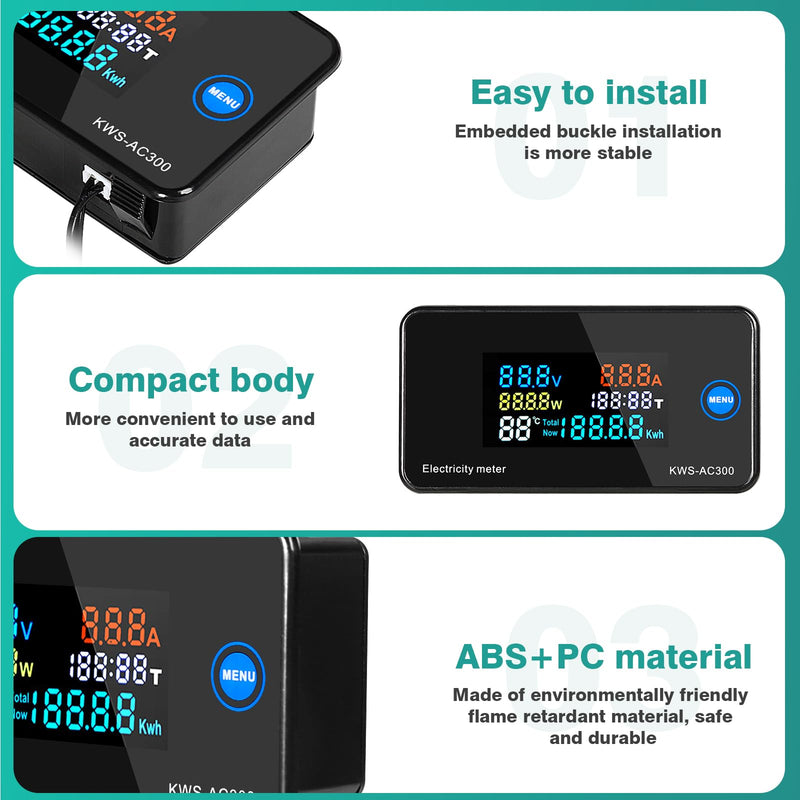 Jadeshay Digital Voltmeter Ammeter Multimeter Panel, AC 50-300V 0-100A LCD Voltage Current Meter Power Energy Meter with Closed Transformer KWS-AC300