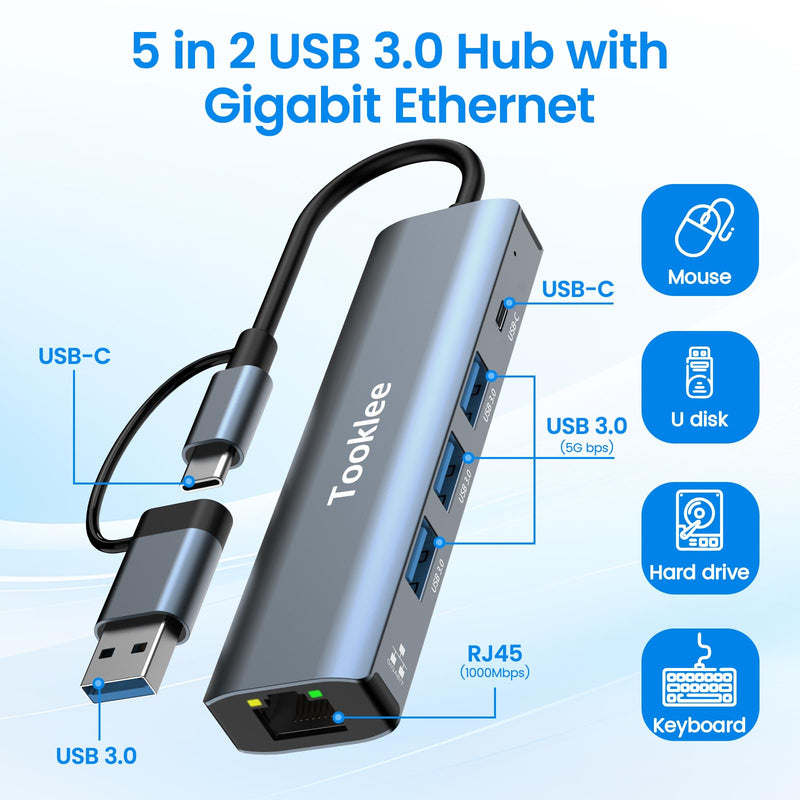 USB to Ethernet Adapter, USB 3.0 USB C Hub with Ethernet 1Gbps Network | USBC Ethernet Adapter for Laptop with USB-C Charging & USB-A 3.0, USB to RJ45 for Computer, MacBook/iPad Pro/Phone/Tablet