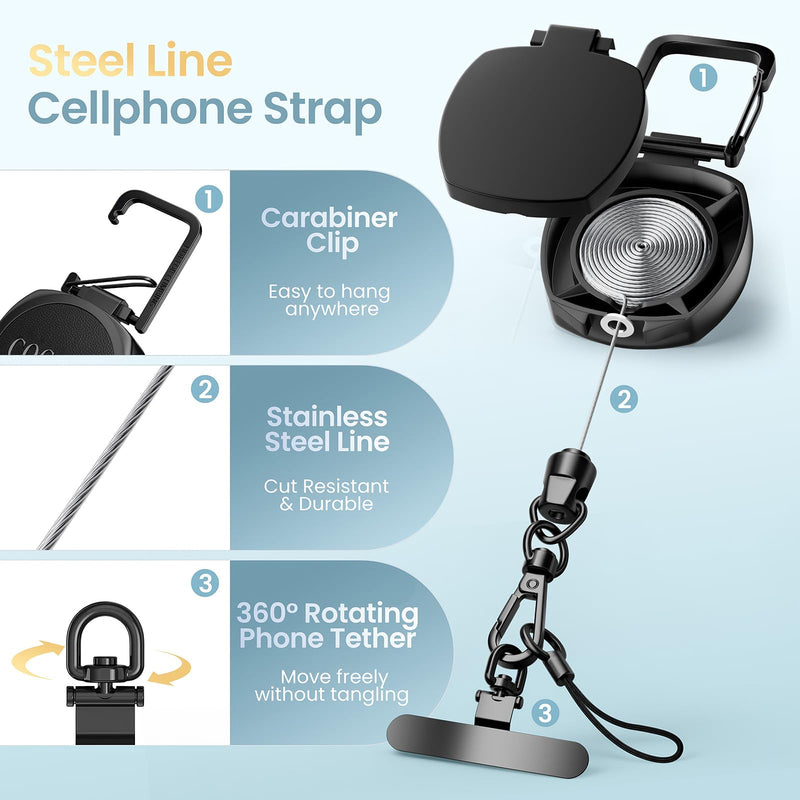 Anti-theft Phone Tether, Retractable Steel Line Phone Lanyard | Cell Phone Strap with Metal 360° Tether Tab and Carabiner for Outdoor Skiing Hiking Climbing Fishing Travelling, Black