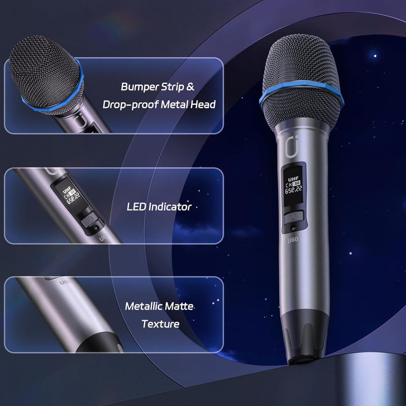 U60 Wireless Microphones, Dual UHF Microphone System with Rechargeable Receiver, Metal Karaoke Microphone for Singing, Wedding, DJ, Party, Speech, Church, Class, 200ft