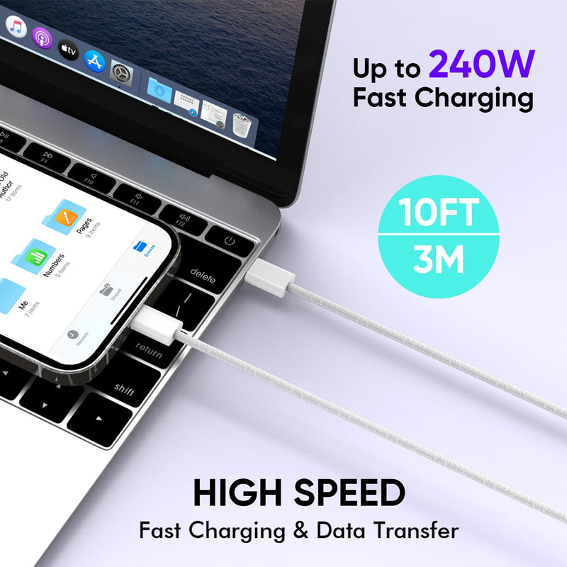USB C to USB C,240W USBC Woven Charge Cable,10FT 2Pack Long USBC Cable Fast Charging Cord for Apple MacBook Pro/MacBook Air,iPad Pro/Air,iPad mini,iPhone 16e 16 15 ProMax Compatible 140W/100W/60W/45W 10FT 2
