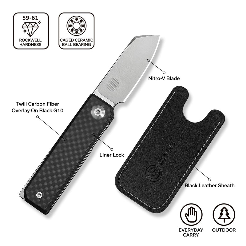 CIVIVI Kukei Mini Pocket Knife for EDC- 2.02" Nitro-V Blade, Carbon Fiber Overlay On G10 Handle, Liner Lock, Small EDC Folding Knife with Leather Sheath C25036-4 Black