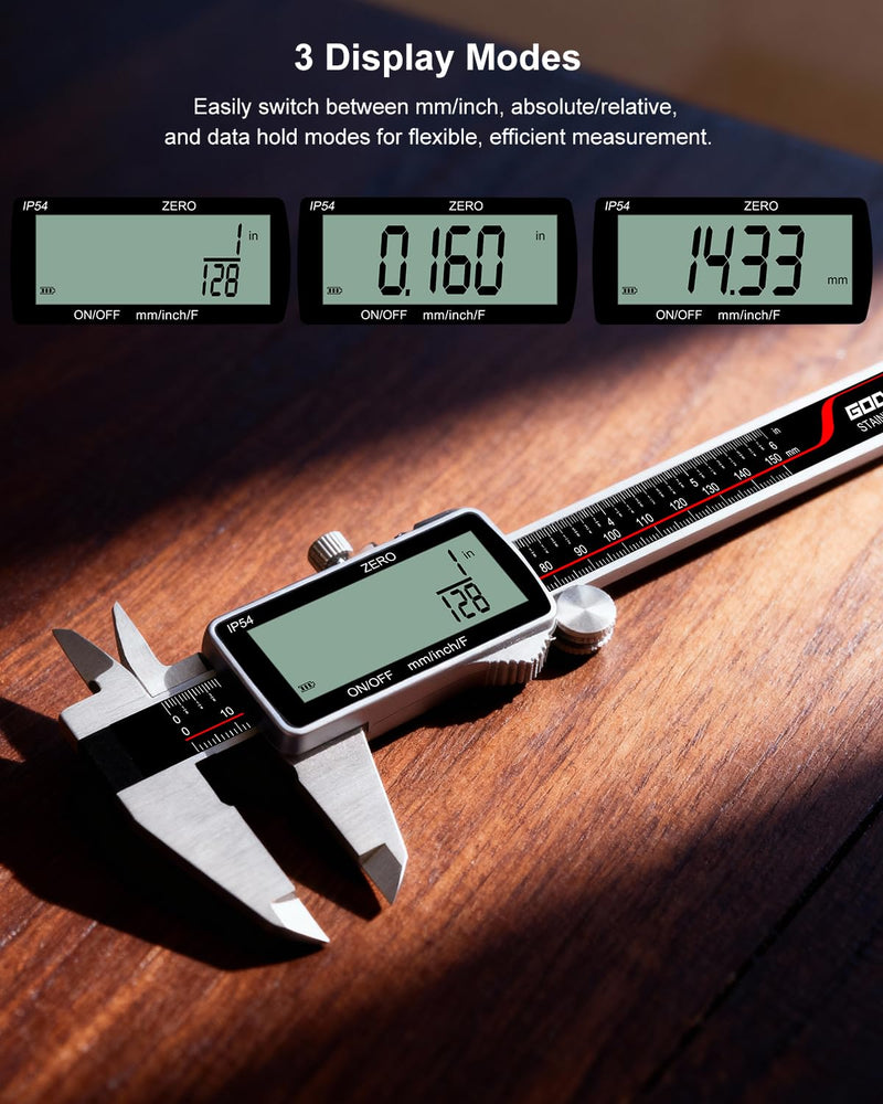 GODESON Digital Caliper, Rechargeable Digital Micrometer-IP54 Waterproof, Stainless Steel & Large LCD Screen Caliper Measuring Tool-Inch/Metric/Fraction,6" Calipers-Auto Off for Pros & DIYers 6-INCH Micro-B