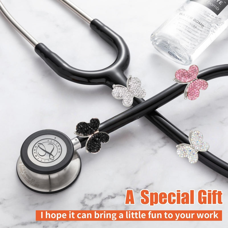 4 Pack Bling Butterfly Stethoscope Charms Diamond Stethoscope Name Tag Charm for Littmann,Nurses,Veterinary(White+Pink+Ab+Black) whtie+pink+ab+black