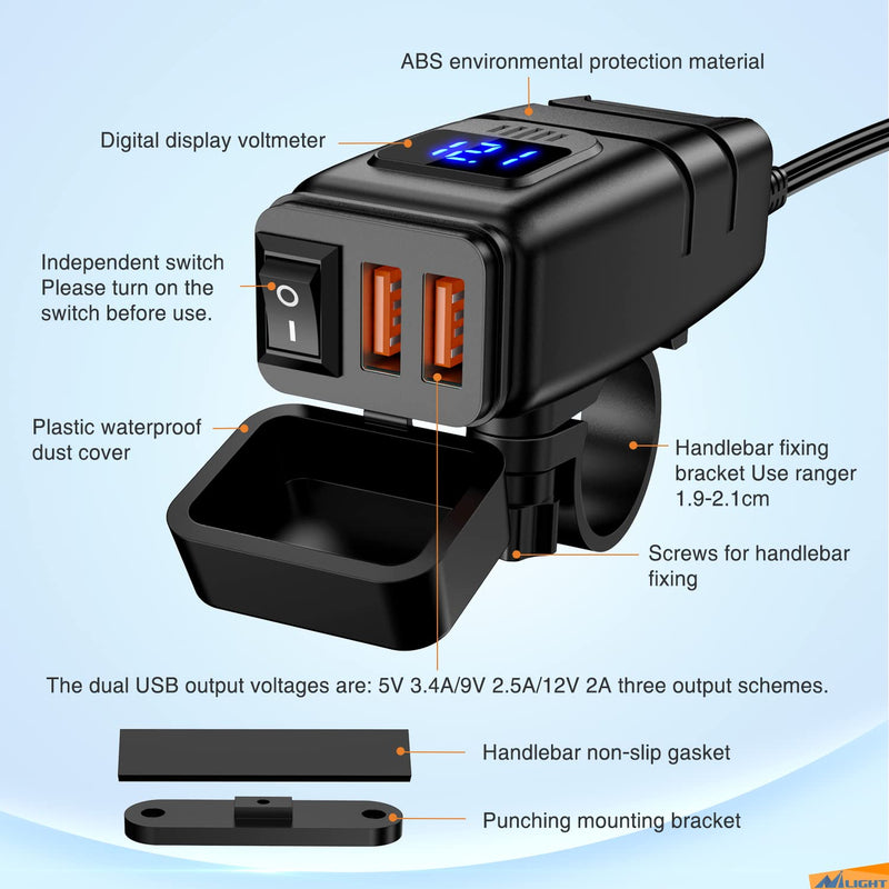 Nilight Motorcycle Charger with 12V Voltmeter Independent On Off Switch SAE USB Adapter Inline 10A Fuse Waterproof 6.8A Dual QC3.0 Fast Charging Phone Tablet for 7/8inch Handlebar ATV USB Charger Motorcycle