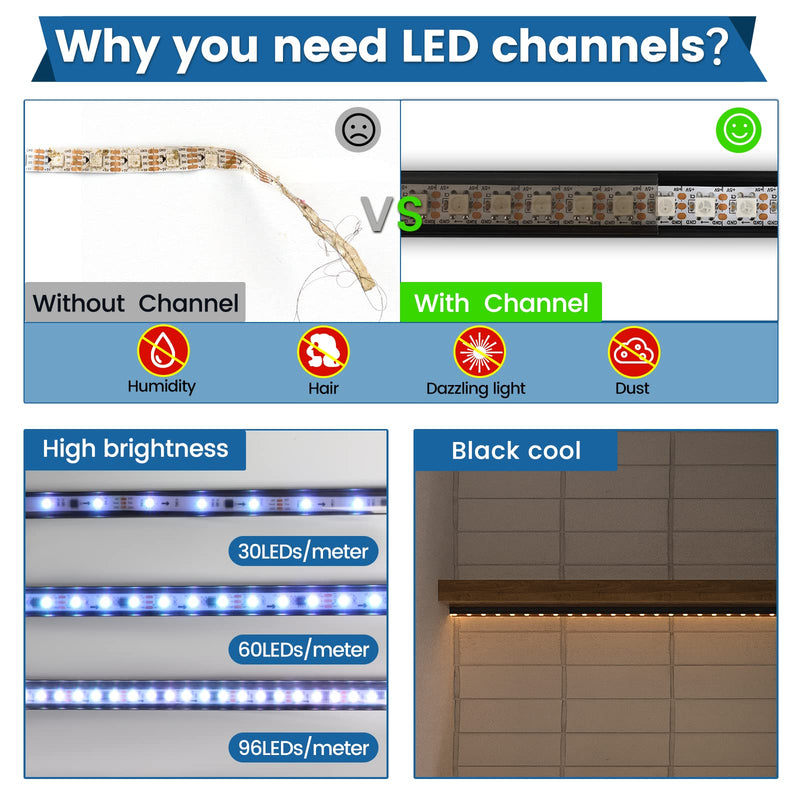 Muzata 10Pack 3.3FT/1M LED Channel Black Aluminum U Shape LED Strip Channel with Transparent Smoky Black Cover Easy Installation U1SW BB 1M 1M 10P